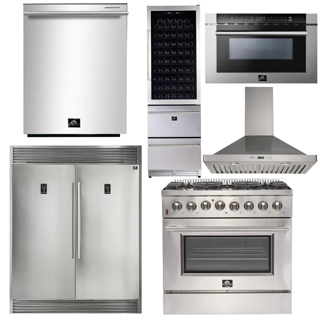 36 Inch Dual Fuel Range, Range Hood, Refrigerator, Microwave Drawer, Dishwasher, Wine Cooler N29786