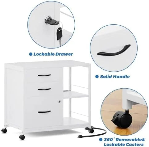 3 Drawer Wood File Cabinet with Socket and USB Charging Ports P7507