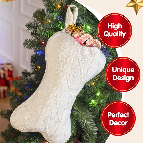 Knit White Bone Shape Christmas Dog Stocking J41815