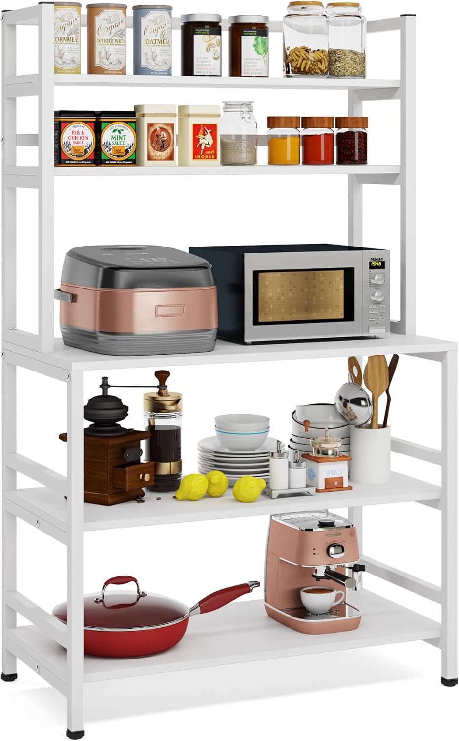 5-Tier Kitchen Bakers Rack with Hutch, Industrial Microwave Oven Stand, Free Standing Kitchen Utility Cart Storage Shelf Organizer (Rustic Brown) X44305