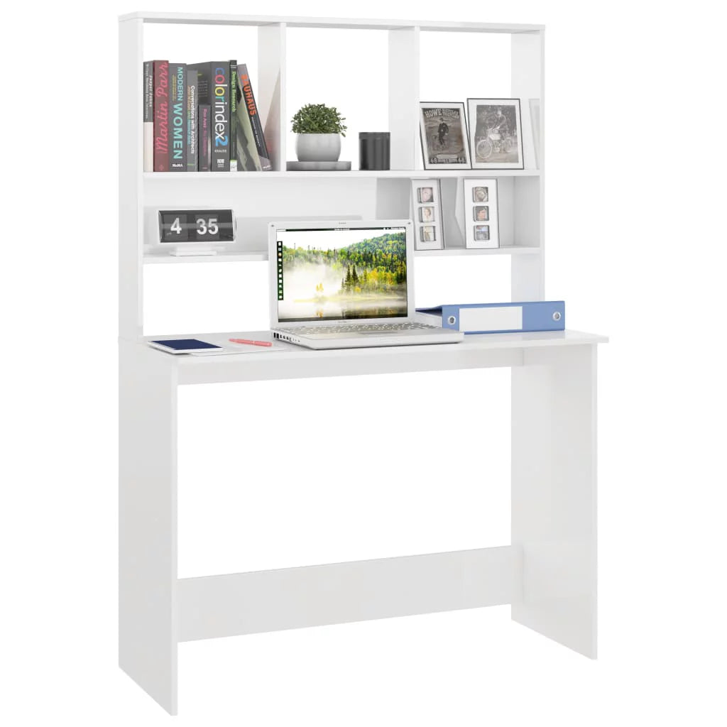 High Gloss White Engineered Wood Desk with Shelves C67477