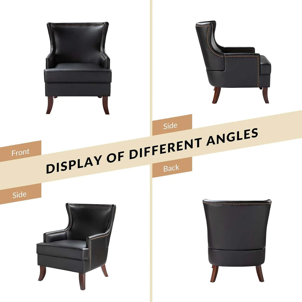 Black Faux Leather Wingback Accent Chair with Nailhead Trim J2055