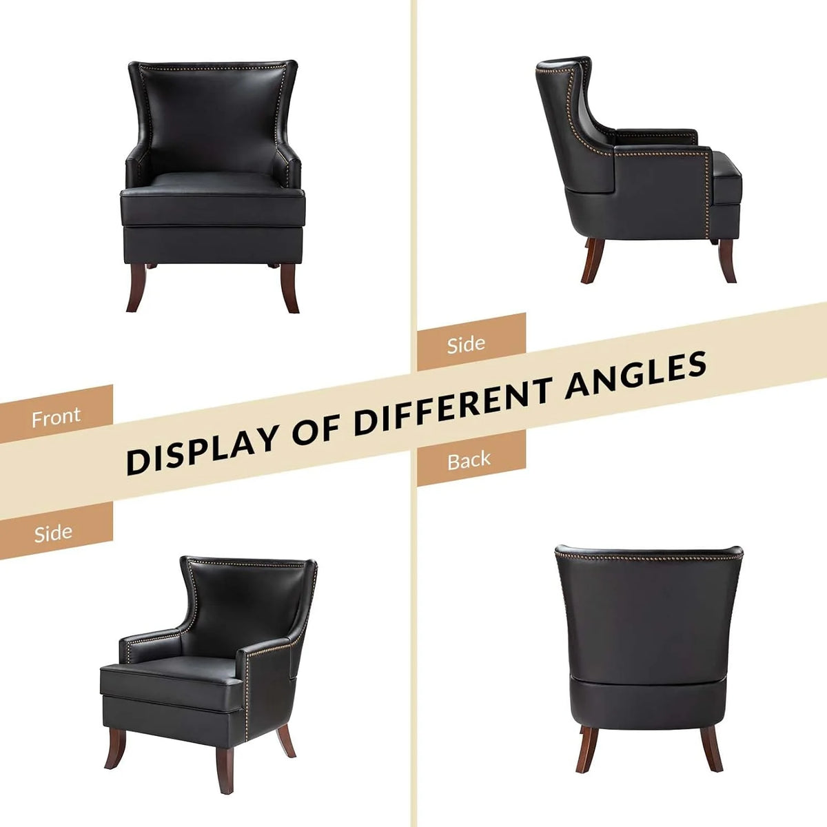 Black Faux Leather Wingback Accent Chair with Nailhead Trim J2055
