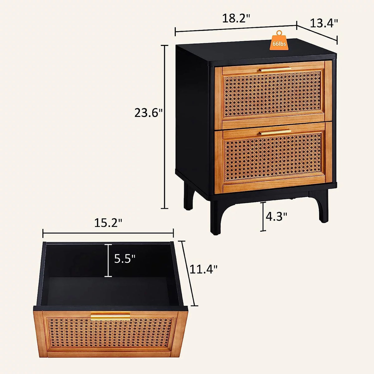 Black Woven Rattan Nightstand with 2 Wood Drawers S779