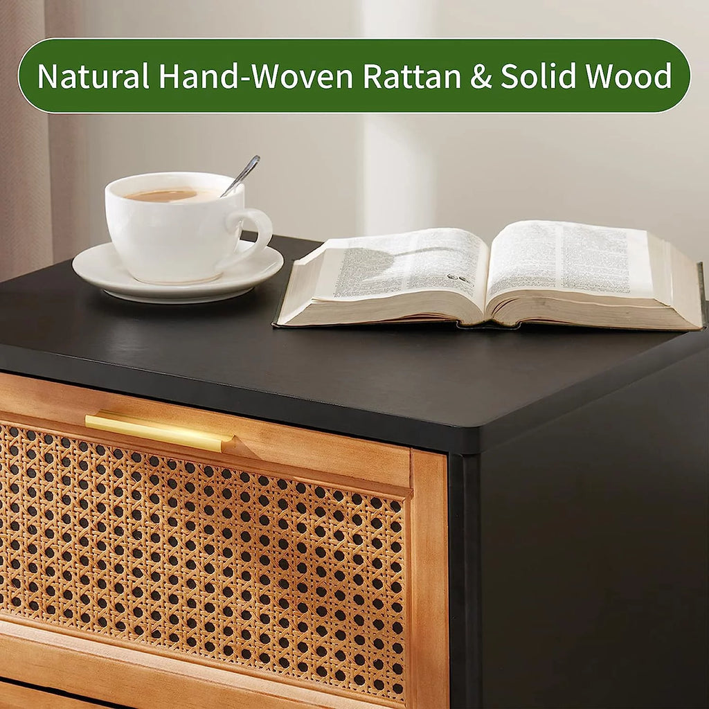 Black Woven Rattan Nightstand with 2 Wood Drawers S779