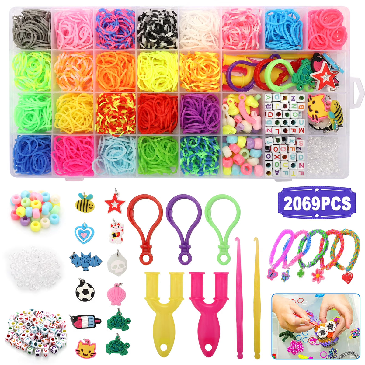 2069pcs Loom Bands Kit 28 Colors Rubber Bands Bracelets Making Kit with Accessory K947708