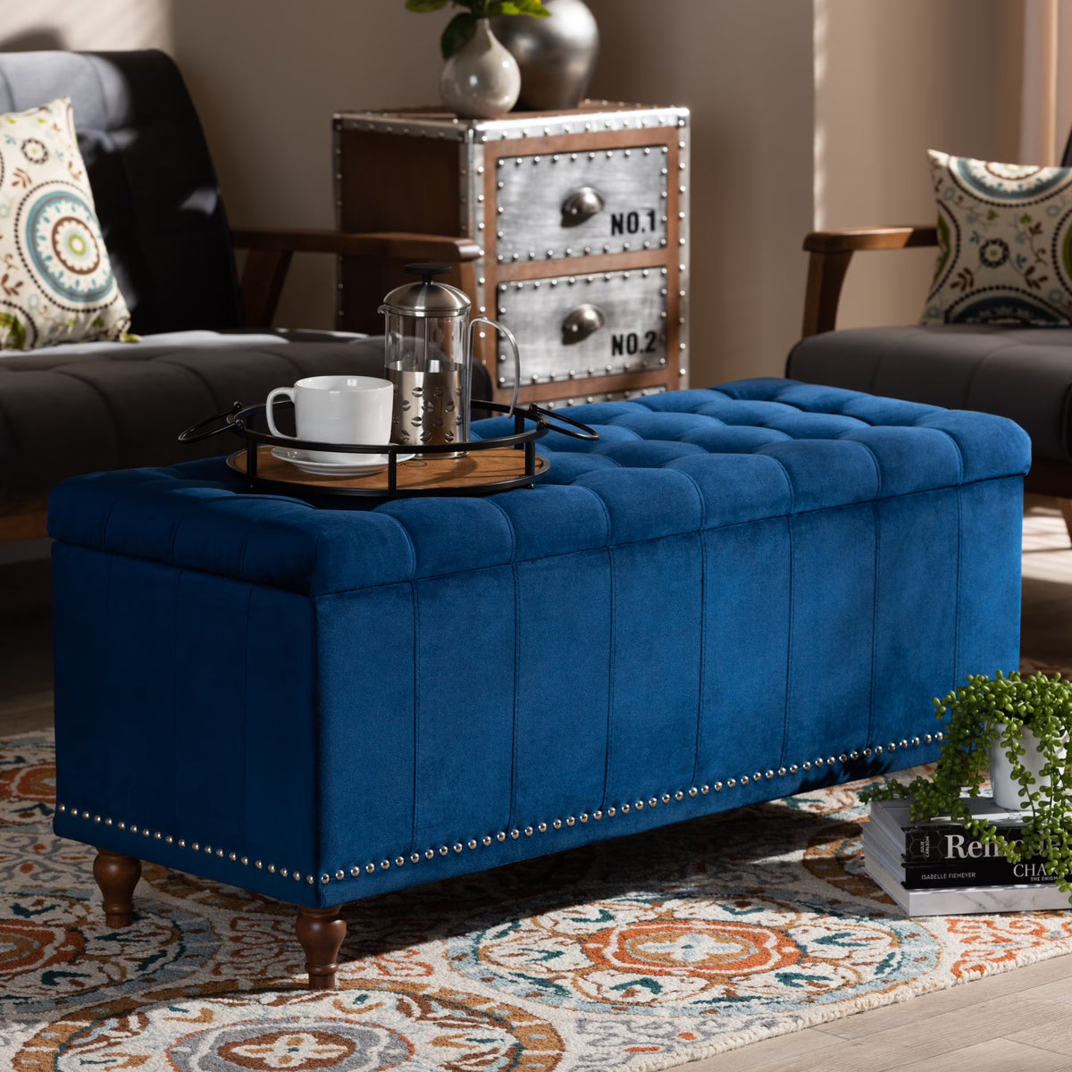 Navy Blue Velvet Button-Tufted Storage Ottoman Bench Y35639