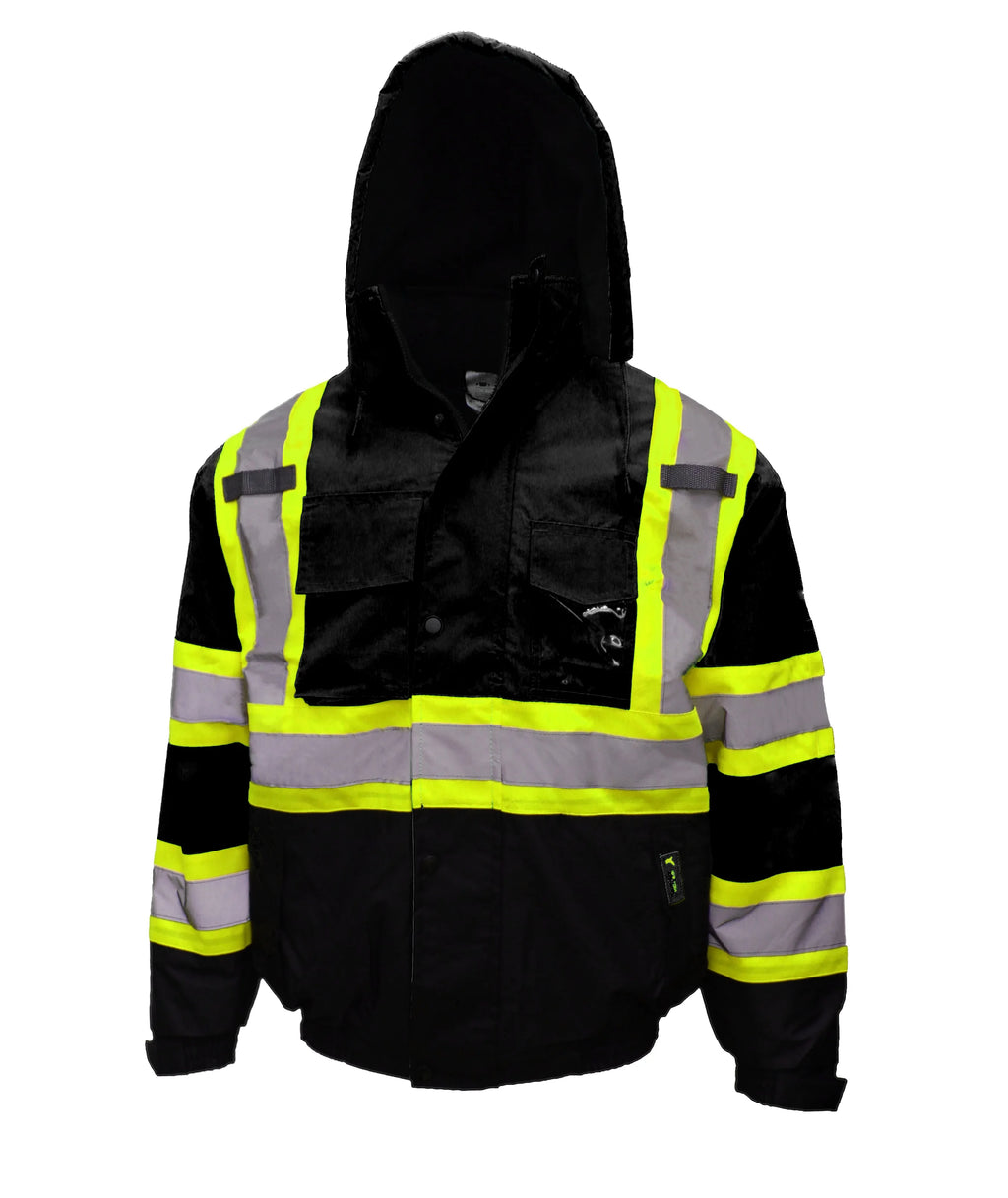 Black Safety Bomber Jacket with Detachable Hood P8694