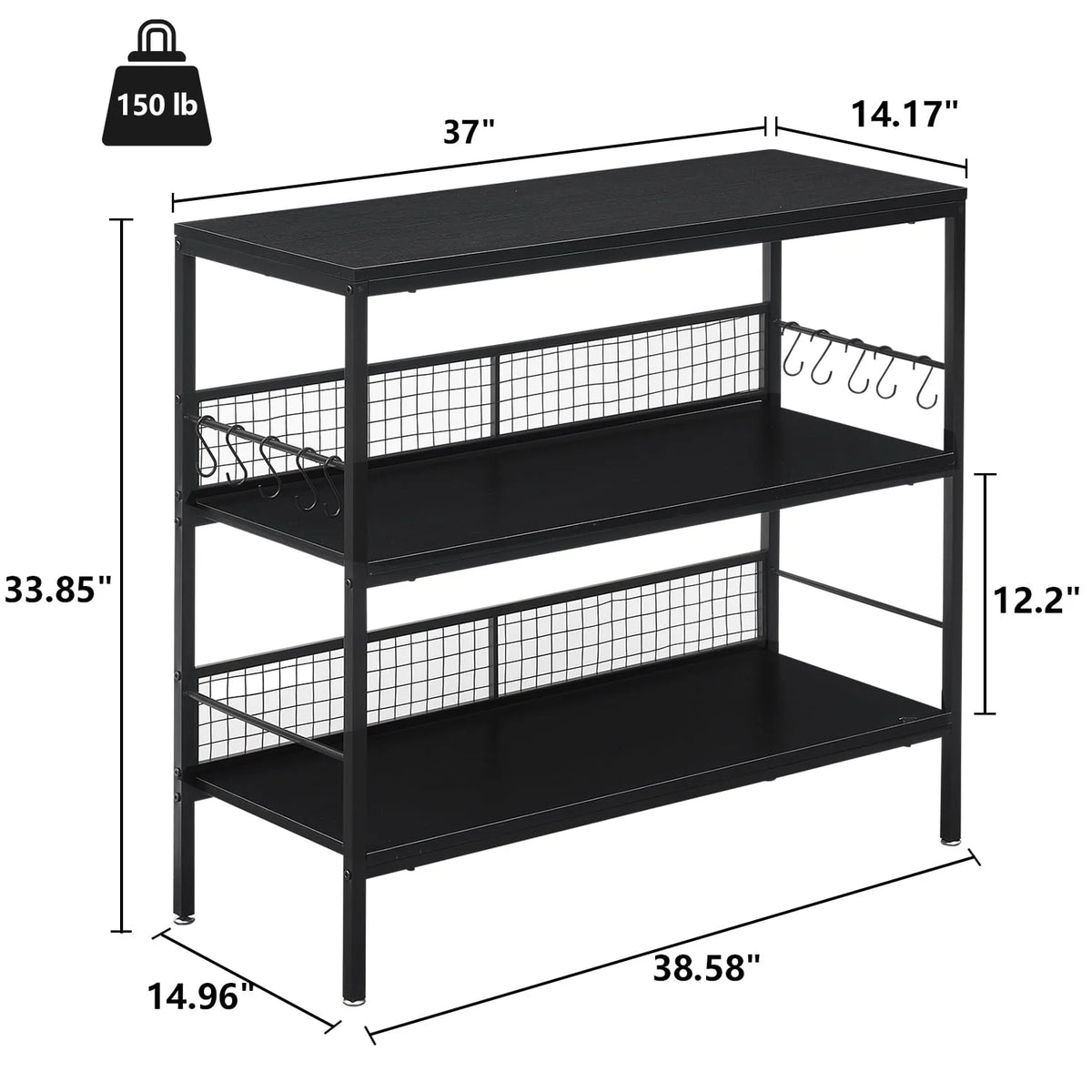 Rolling Kitchen Storage Cart with 3-Tier Shelves and 10 Hooks D920