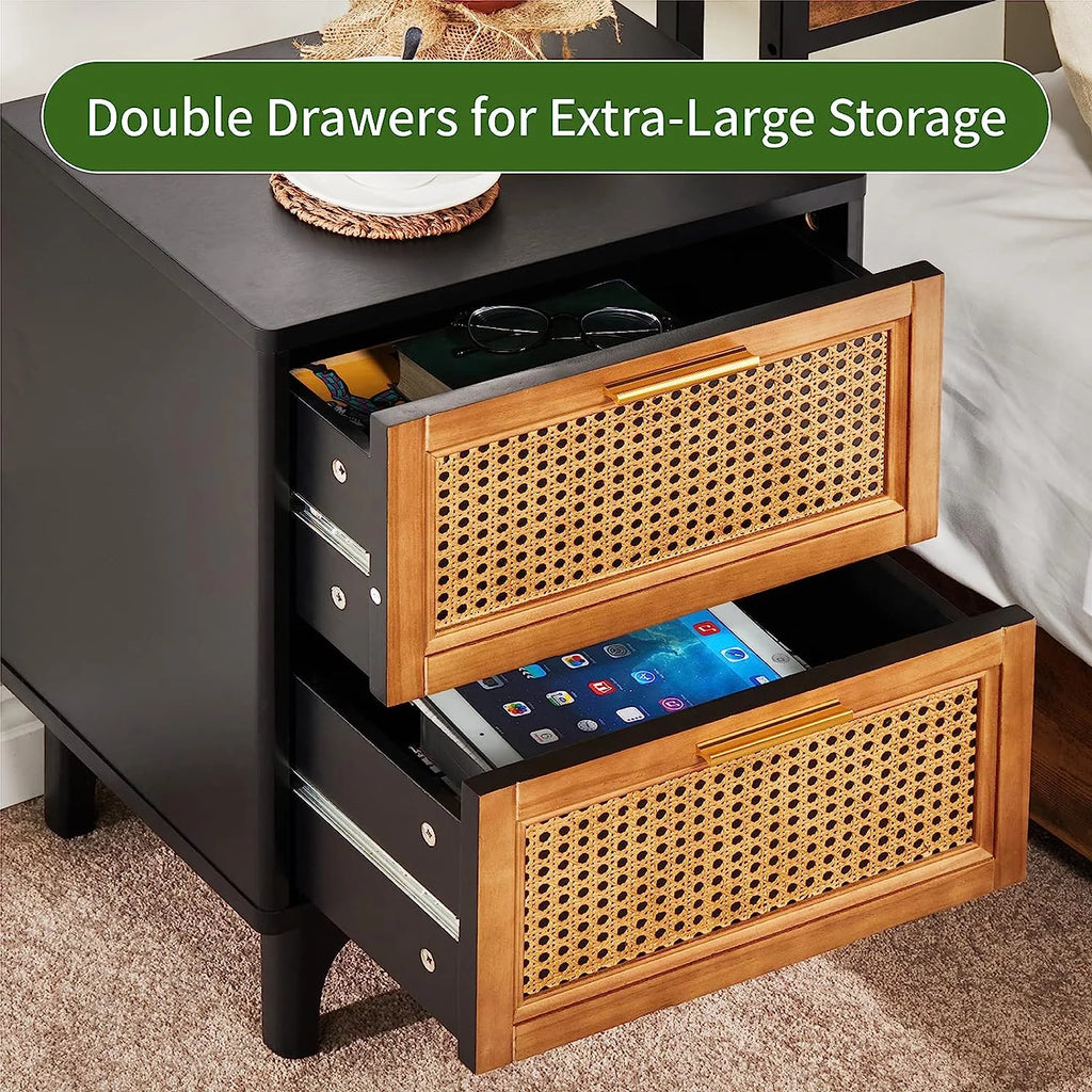 Black Woven Rattan Nightstand with 2 Wood Drawers S779