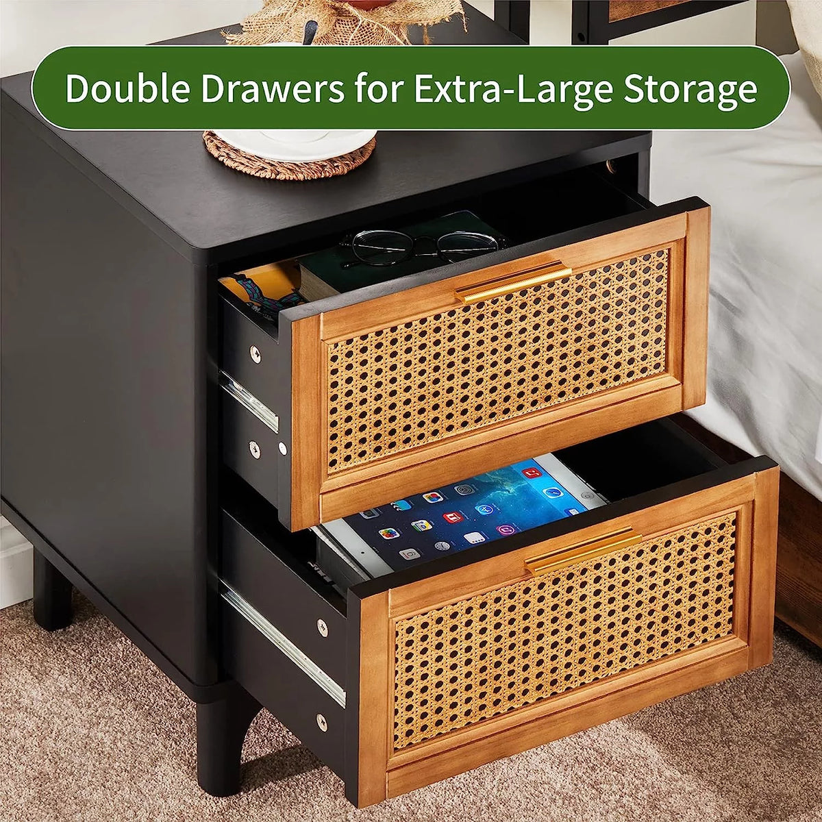 Black Woven Rattan Nightstand with 2 Wood Drawers S779