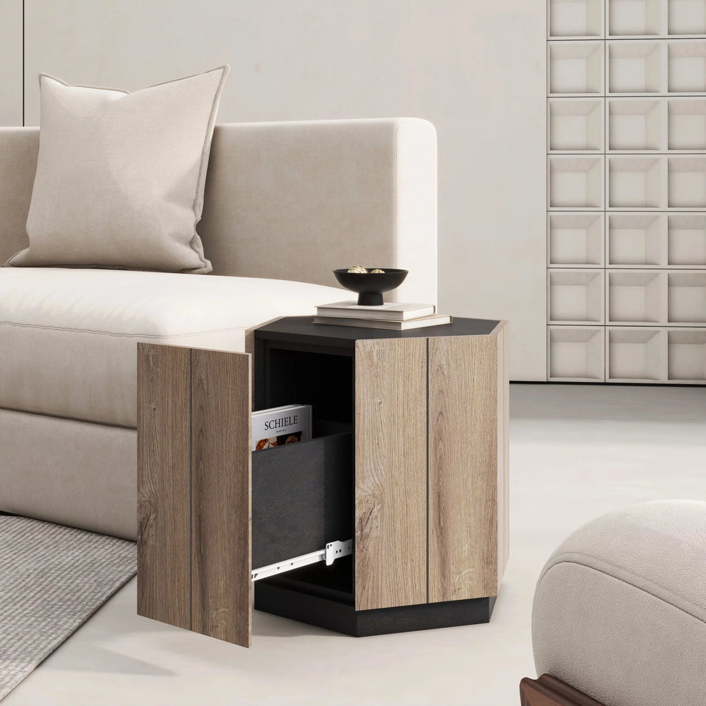 Textured Black Warm Oak Corner Table with Drawer H416