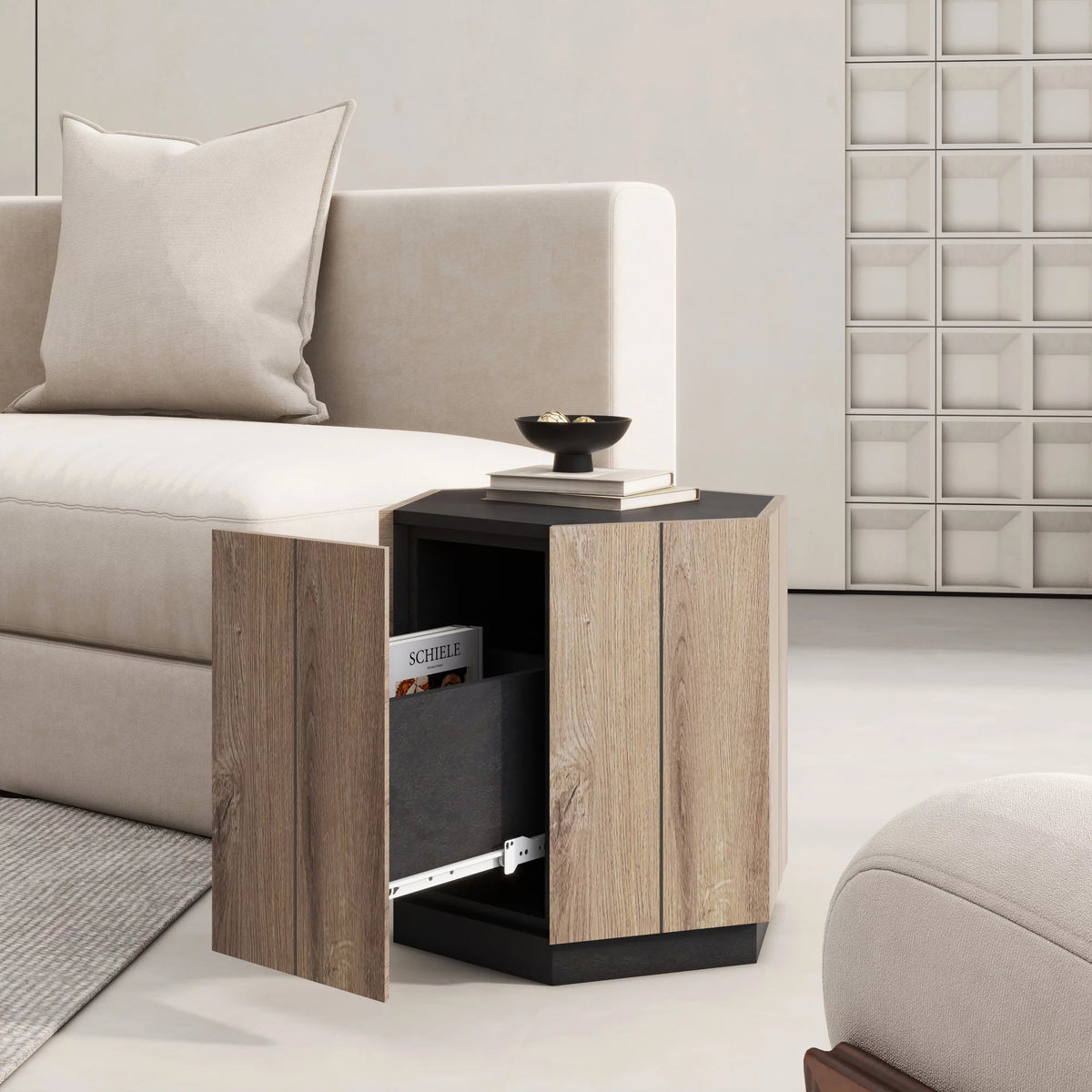 Textured Black Warm Oak Corner Table with Drawer H416
