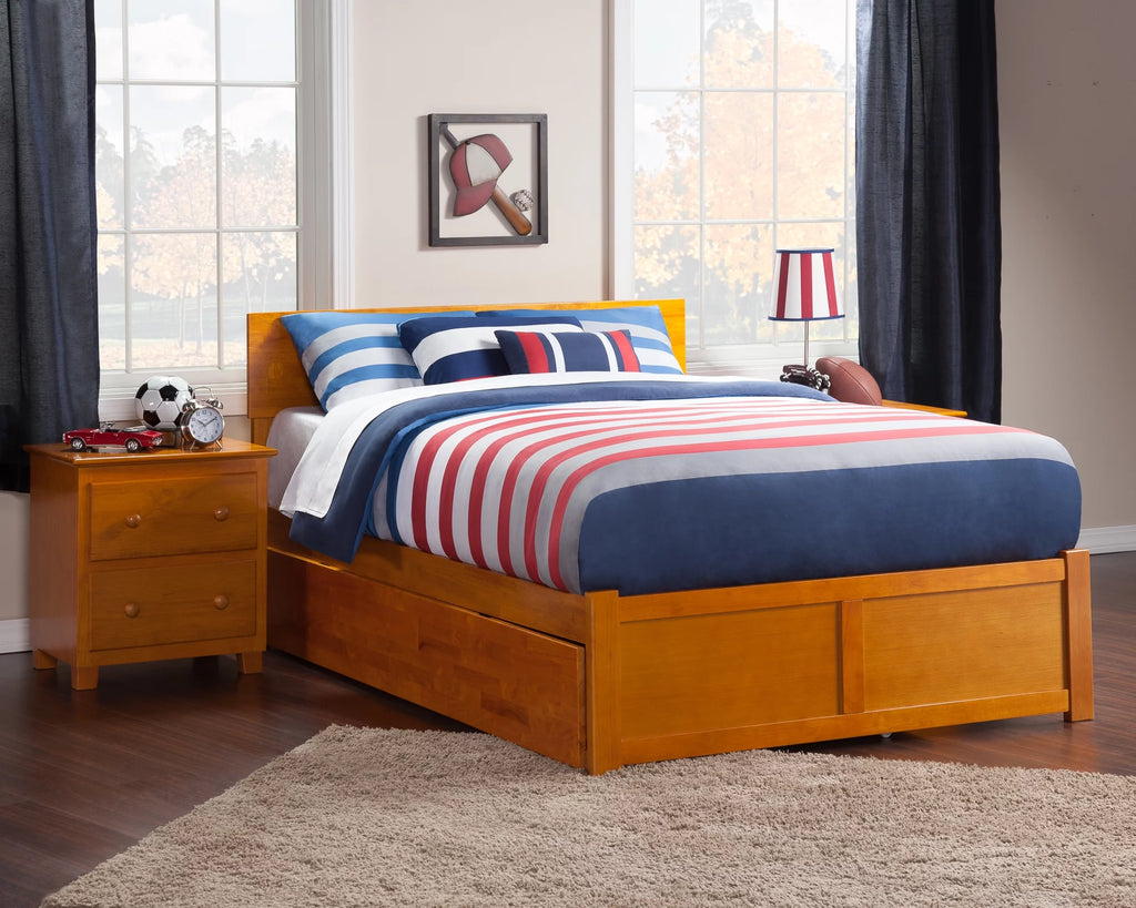 Caramel Solid Wood Platform Bed with Footboard and Twin Trundle D854